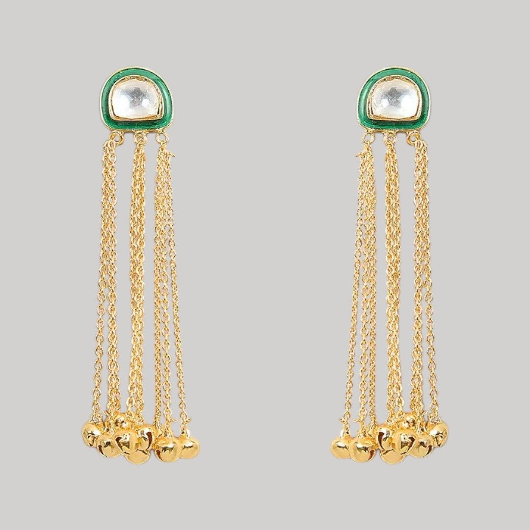 Minimalist Green Kundan Stud with Multi-Chain Golden Dangler Earrings