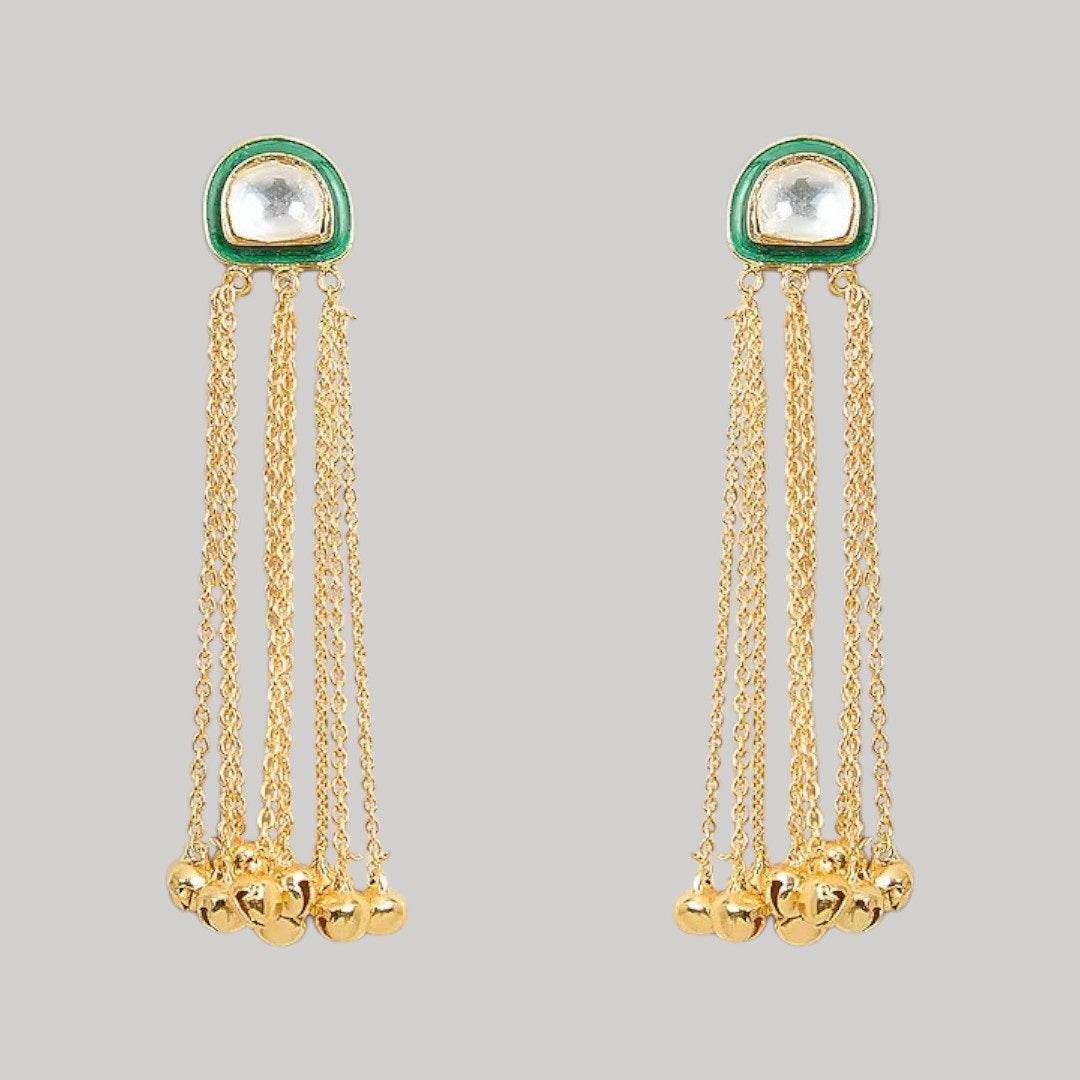 Minimalist Green Kundan Stud with Multi-Chain Golden Dangler Earrings - Auraa Trends