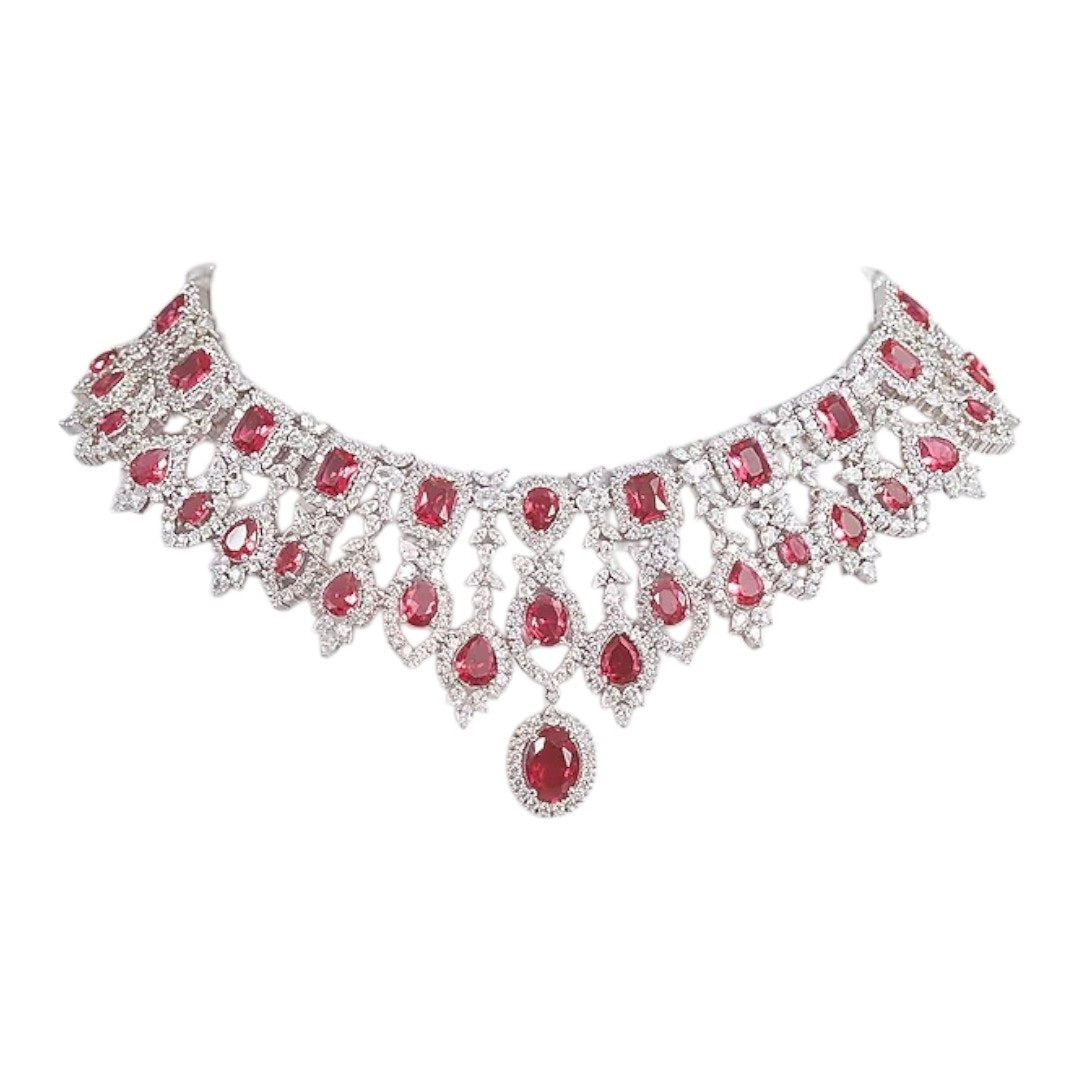Silver-plated choker necklace set with ruby red stones and cubic zirconia diamonds, paired with matching long drop earrings for women