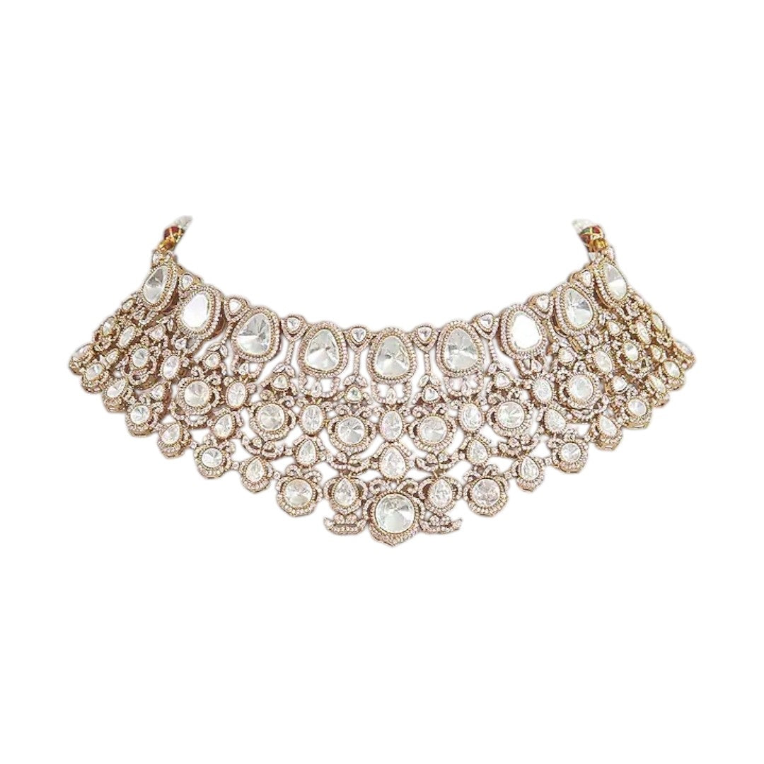 āTraditional gold kundan choker necklace set with matching long earrings for womenā