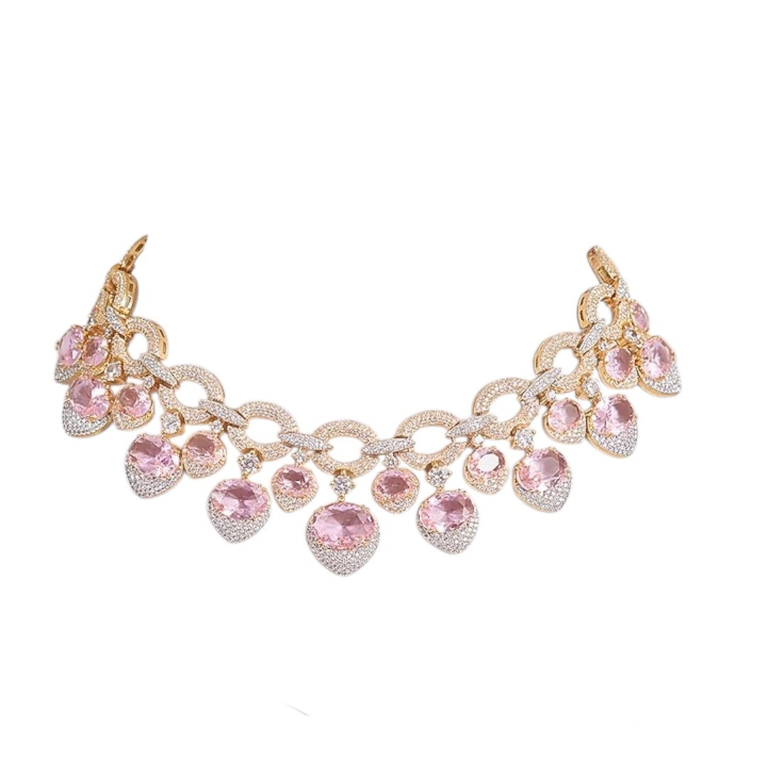 Pink CZ and Gold-Plated Stone Choker Necklace Set with Matching Earrings for Women
