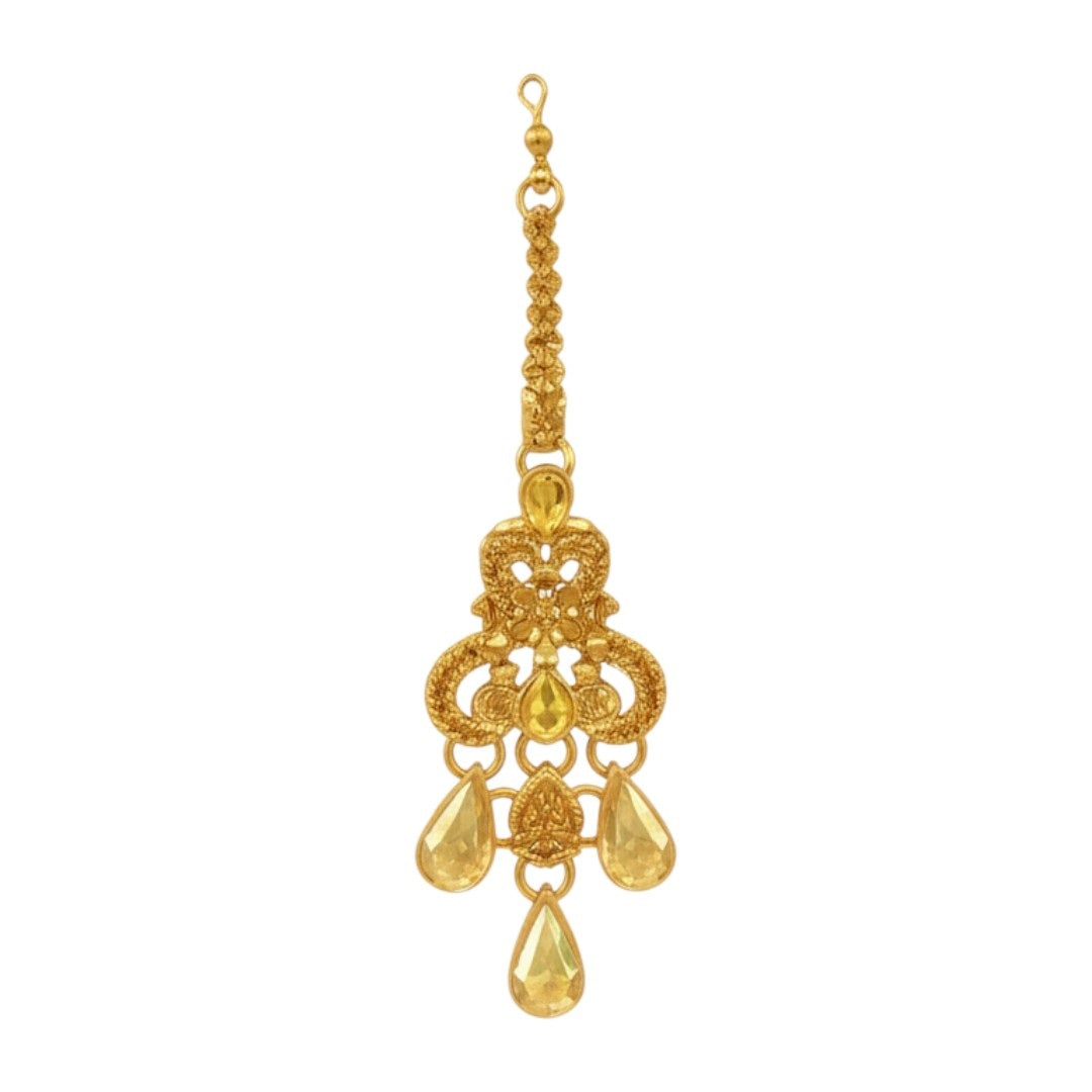 Royal gold plated bridal necklace set with matching earrings and maang tikka displayed on red velvet stand