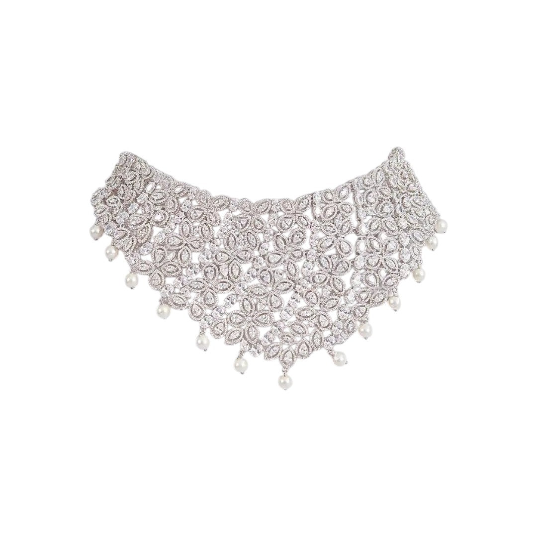 Diamond and pearl choker necklace set with silver plating and floral design – bridal jewelry set for women