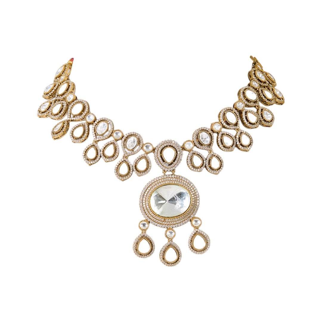 Gold-Toned Kundan Polki Bridal Necklace Set with Matching Earrings - Auraa Trends
