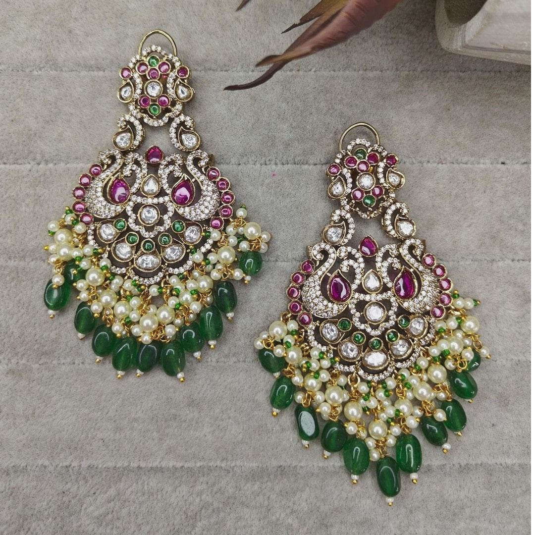 Antique Gold Kundan Chandbali Earrings with Pearl & Green Bead Drops - Auraa Trends