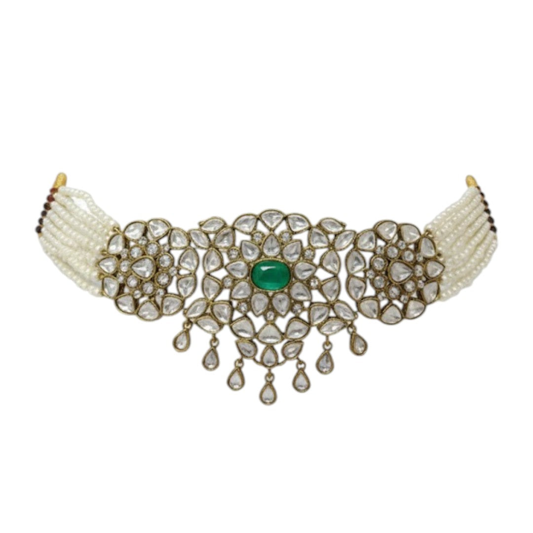 Pearl Beaded Kundan Choker Necklace Set with Green Stone and Earrings – Traditional Bridal Jewelry"
