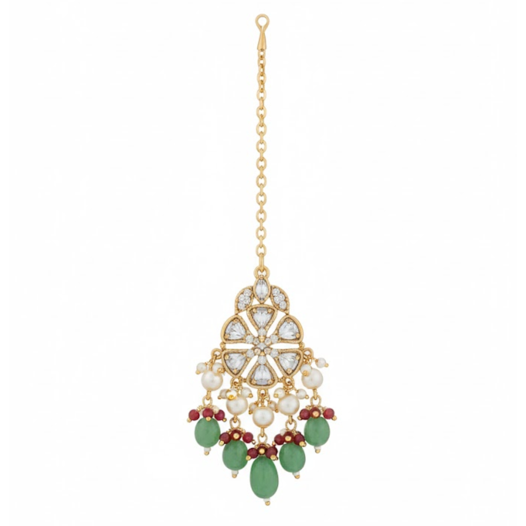 "Bridal Kundan choker necklace set with green beads, pearls, and matching earrings and maang tikka – traditional Indian jewelry for women"