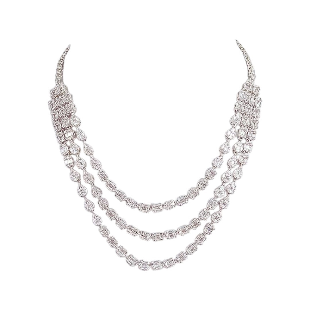“Elegant silver-tone layered diamond necklace set with matching drop earrings for women”