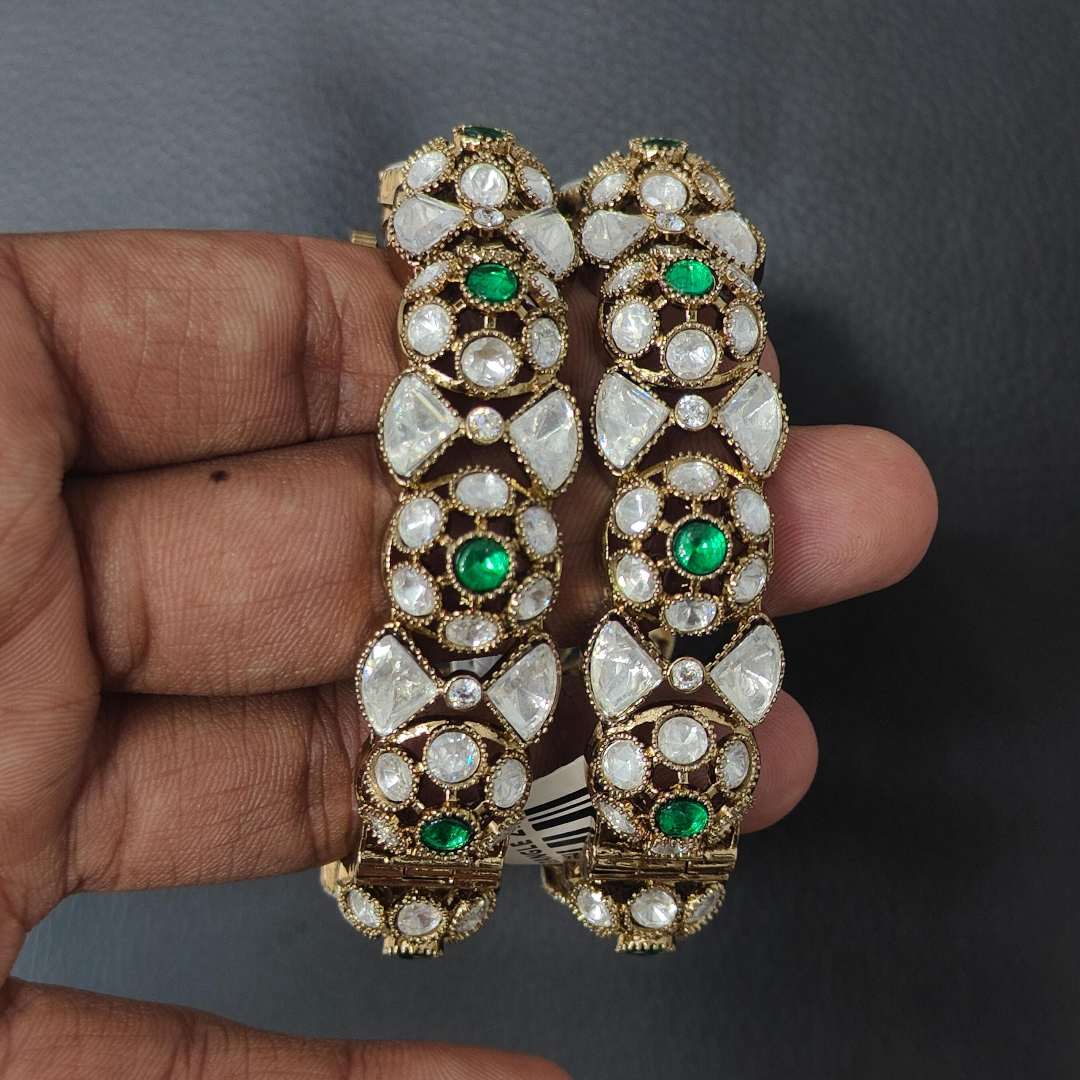 Gold plated Kundan bangles with green stones – bridal and festive jewelry set for women