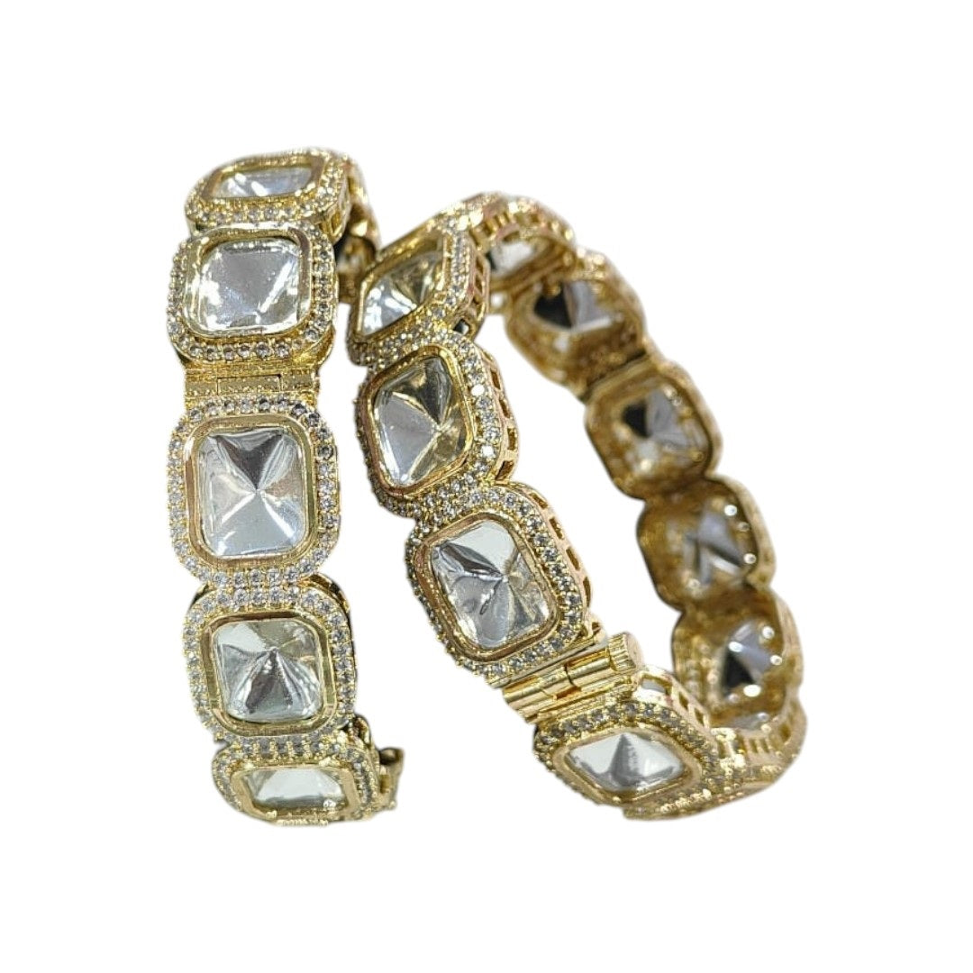 Premium Gold-Plated Kundan Bangles with Square Polki Stones