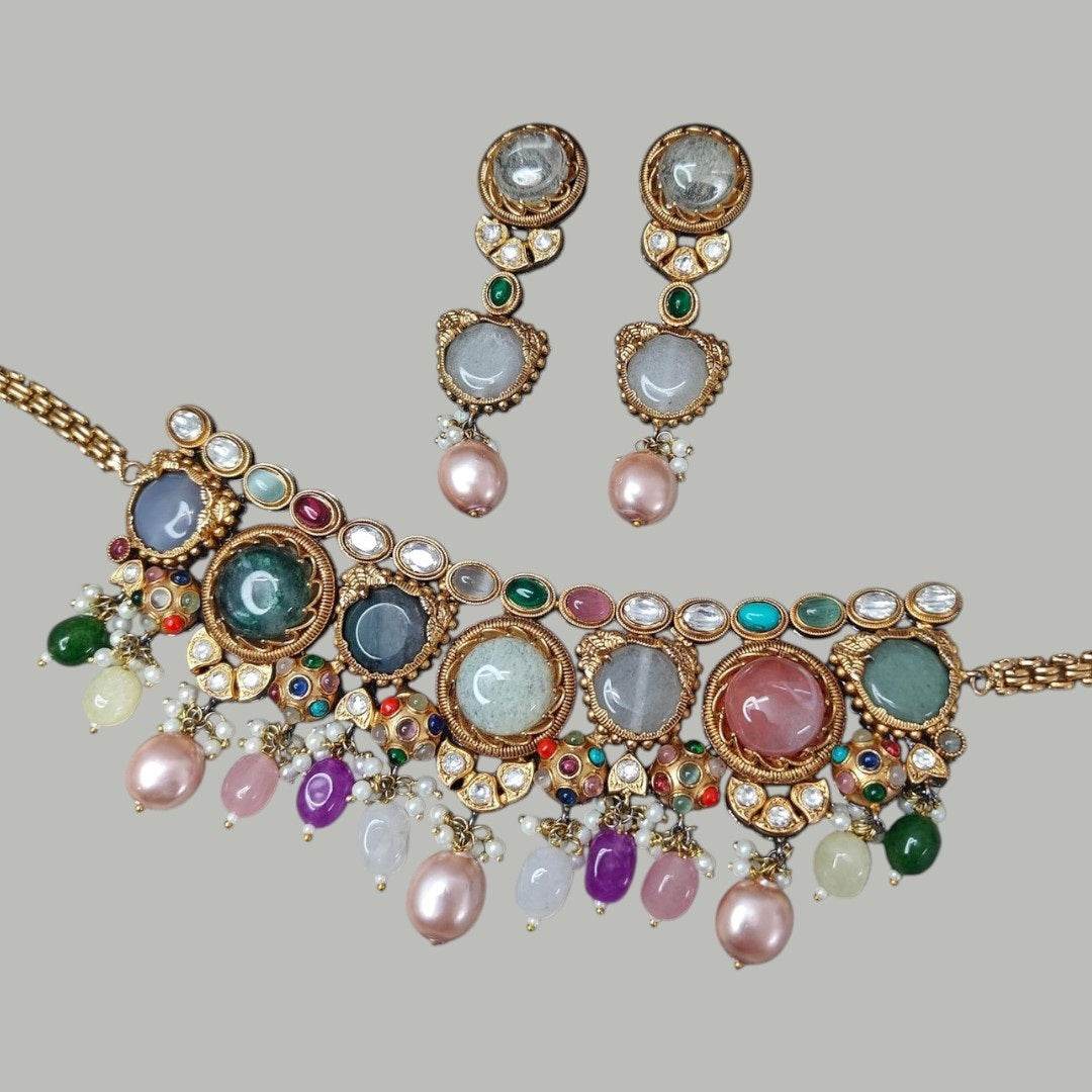 Multicolor Kundan Choker Necklace Set with Earrings - Auraa Trends