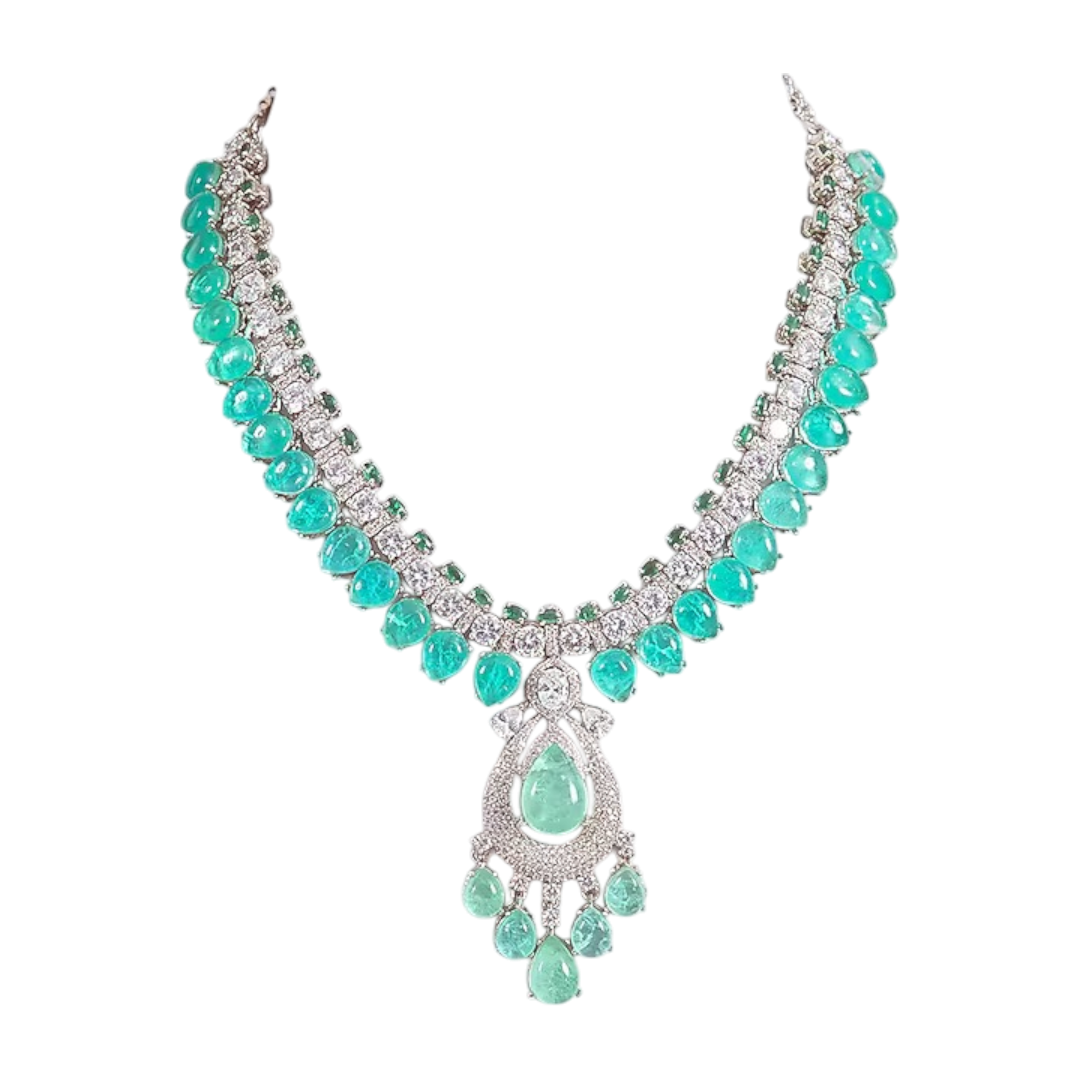 “Silver-toned green stone necklace set with matching earrings for women – elegant bridal and festive jewelry”