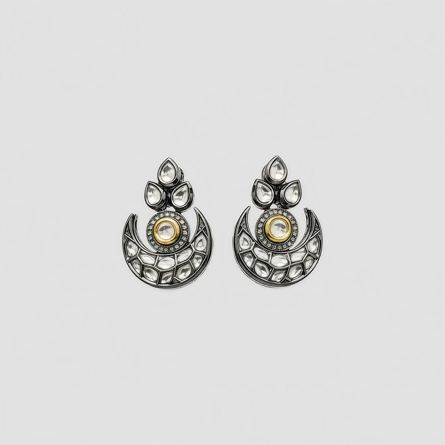 Oxidised Silver Kundan Crescent Necklace Set with Earrings