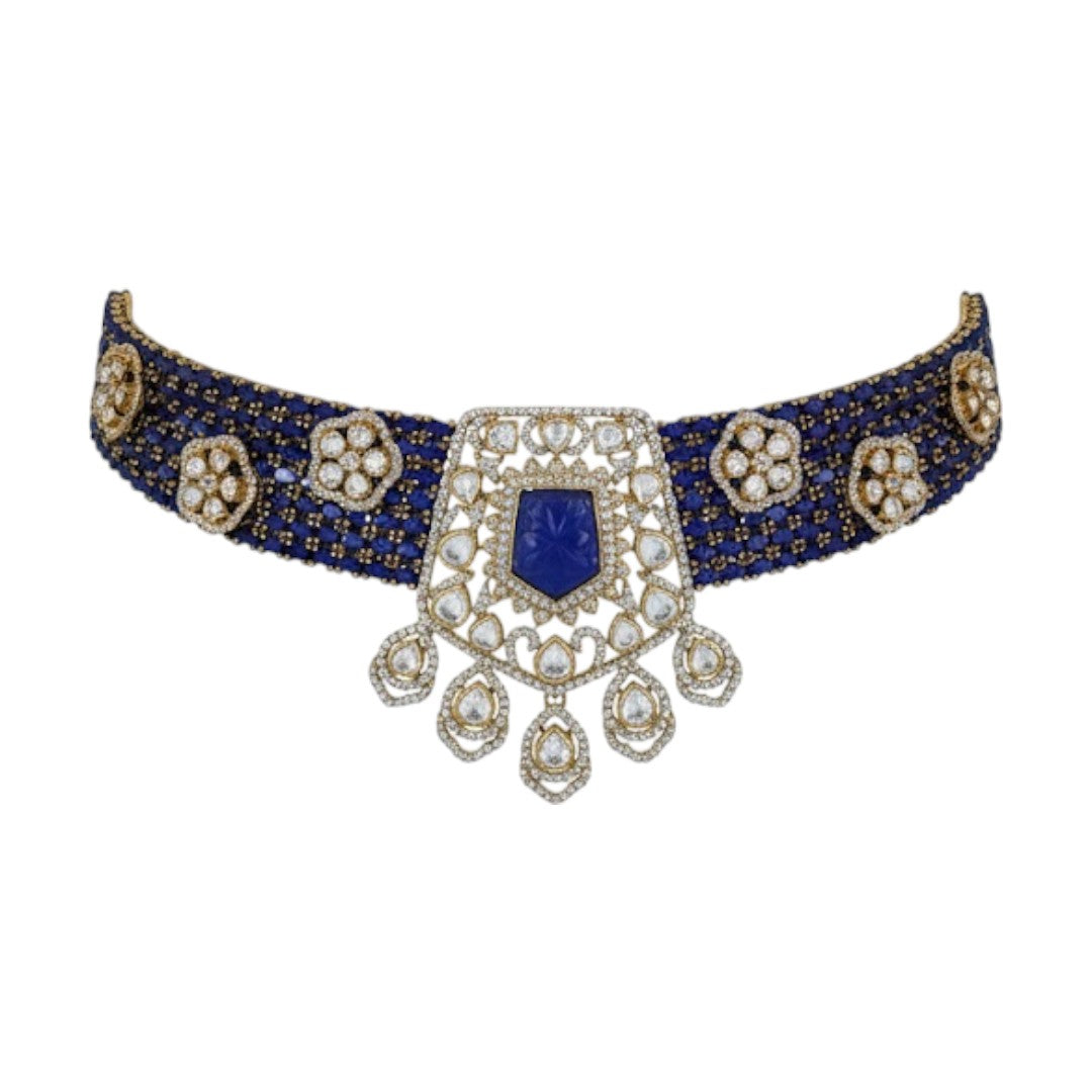 "Royal Blue Beaded Kundan Choker Necklace Set with Earrings – Traditional Indian Bridal Jewelry"