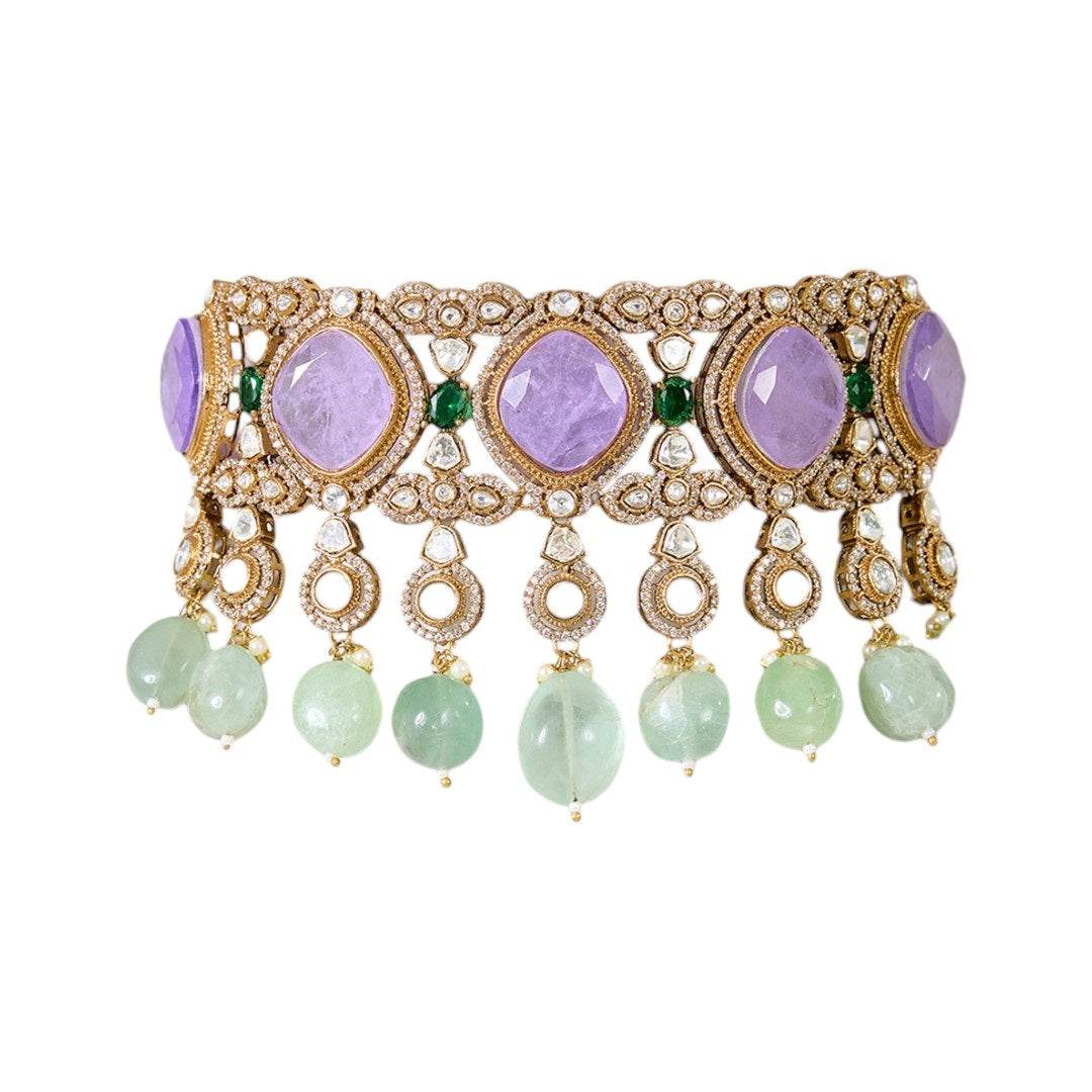 Lavender Stone and Mint Green Beaded Kundan Choker Necklace Set with Earrings - Auraa Trends