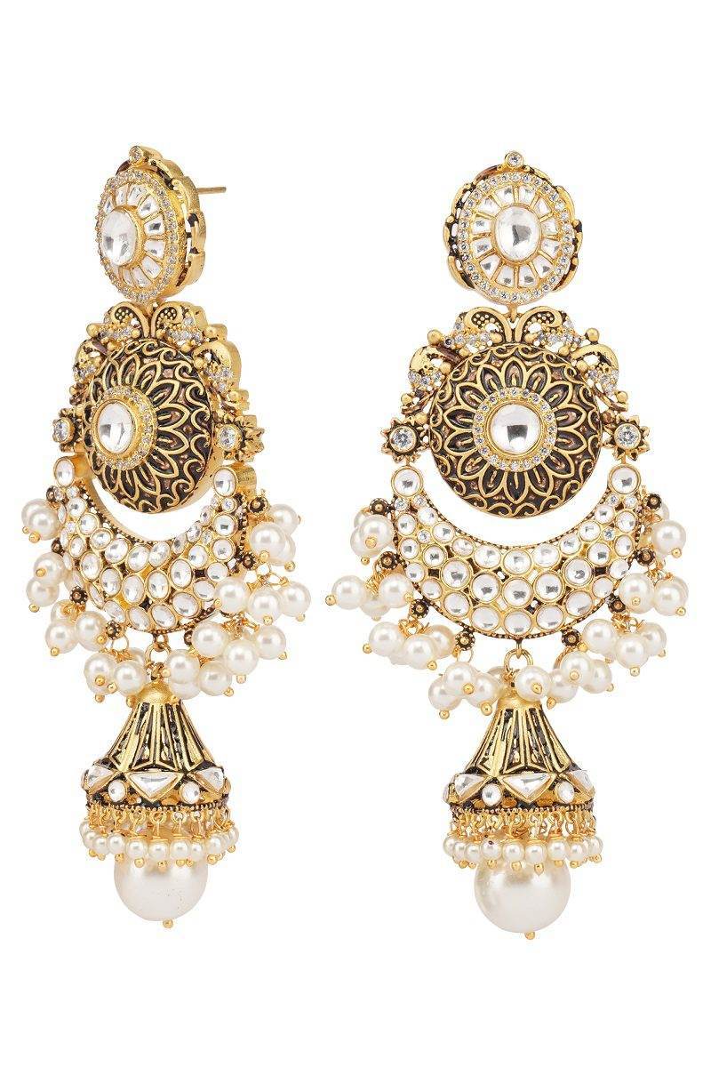 Dazzling Gold Plated Kundan Chandbaali Earrings With Jhumka - Auraa Trends