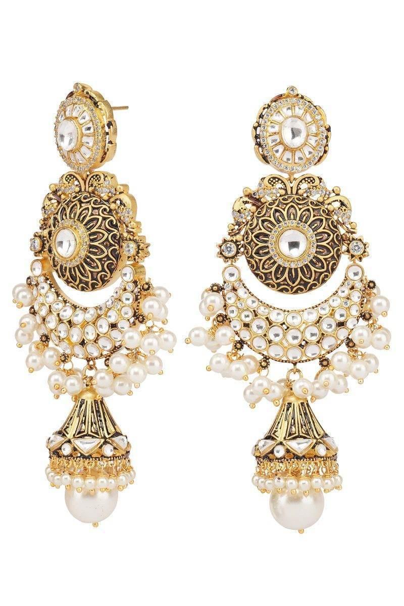 Dazzling Gold Plated Kundan Chandbaali Earrings With Jhumka - Auraa Trends
