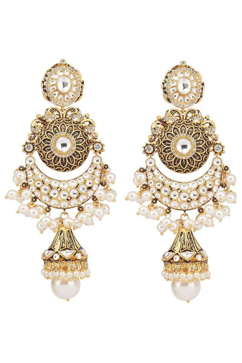 Dazzling Gold Plated Kundan Chandbaali Earrings With Jhumka - Auraa Trends