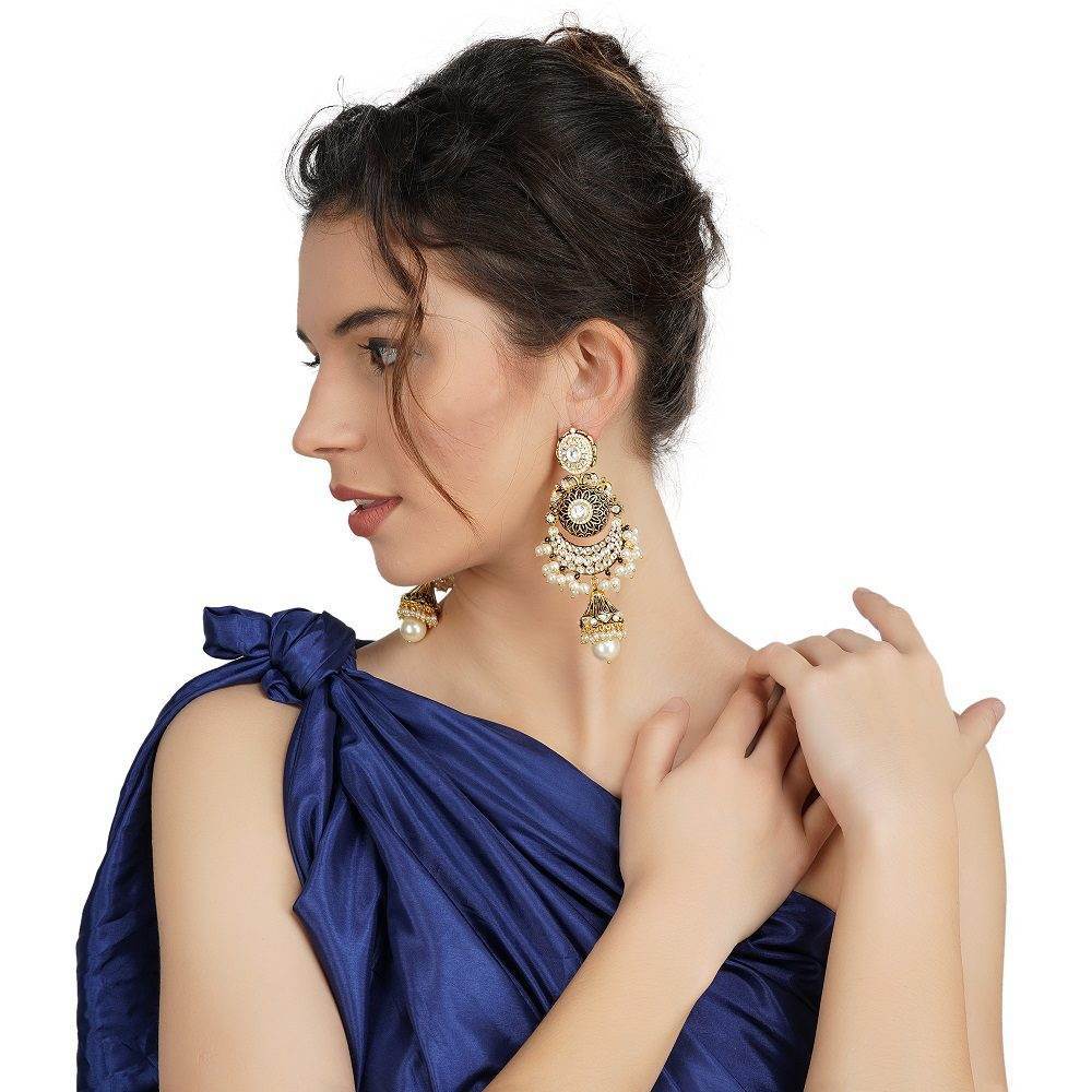 Dazzling Gold Plated Kundan Chandbaali Earrings With Jhumka - Auraa Trends