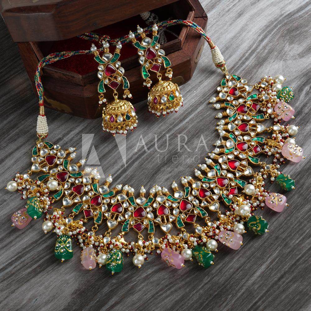 Dazzling Kundan Necklace Set 22KT Gold Plated - Auraa Trends