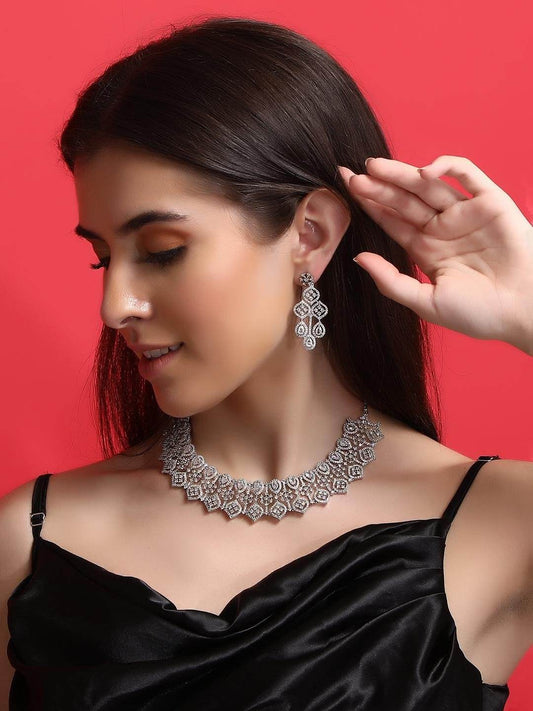 Dazzling Rhodium Plated American Diamond Necklace Set - Auraa Trends