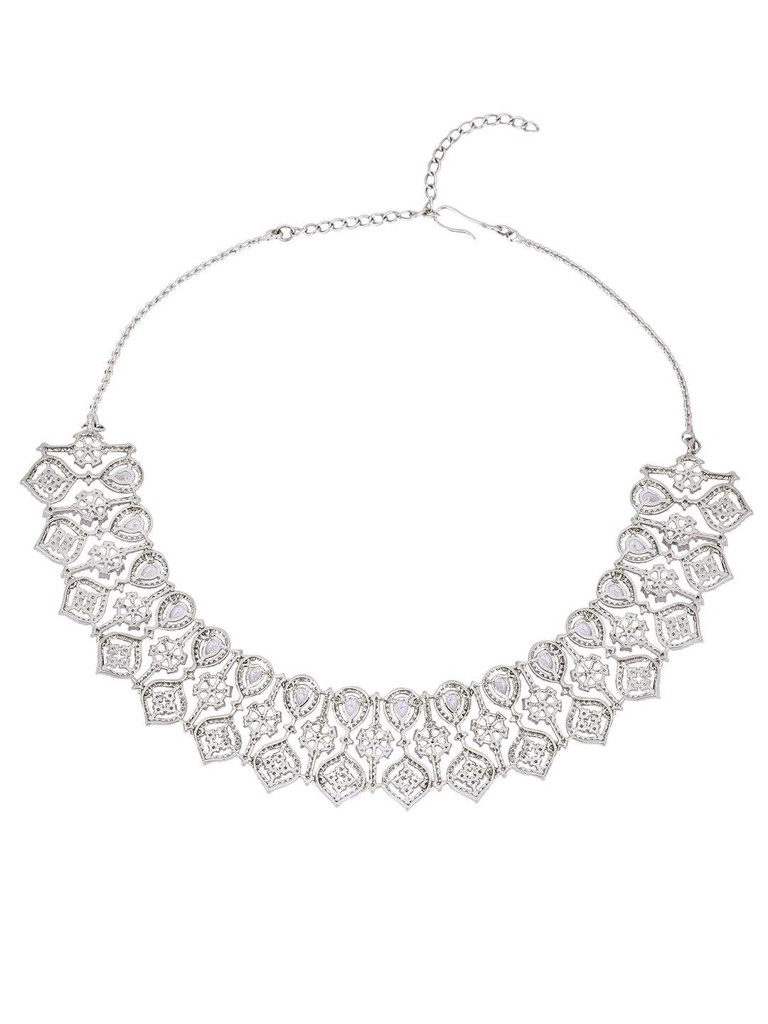 Dazzling Rhodium Plated American Diamond Necklace Set - Auraa Trends - Dazzling Rhodium Plated American Diamond Necklace Set