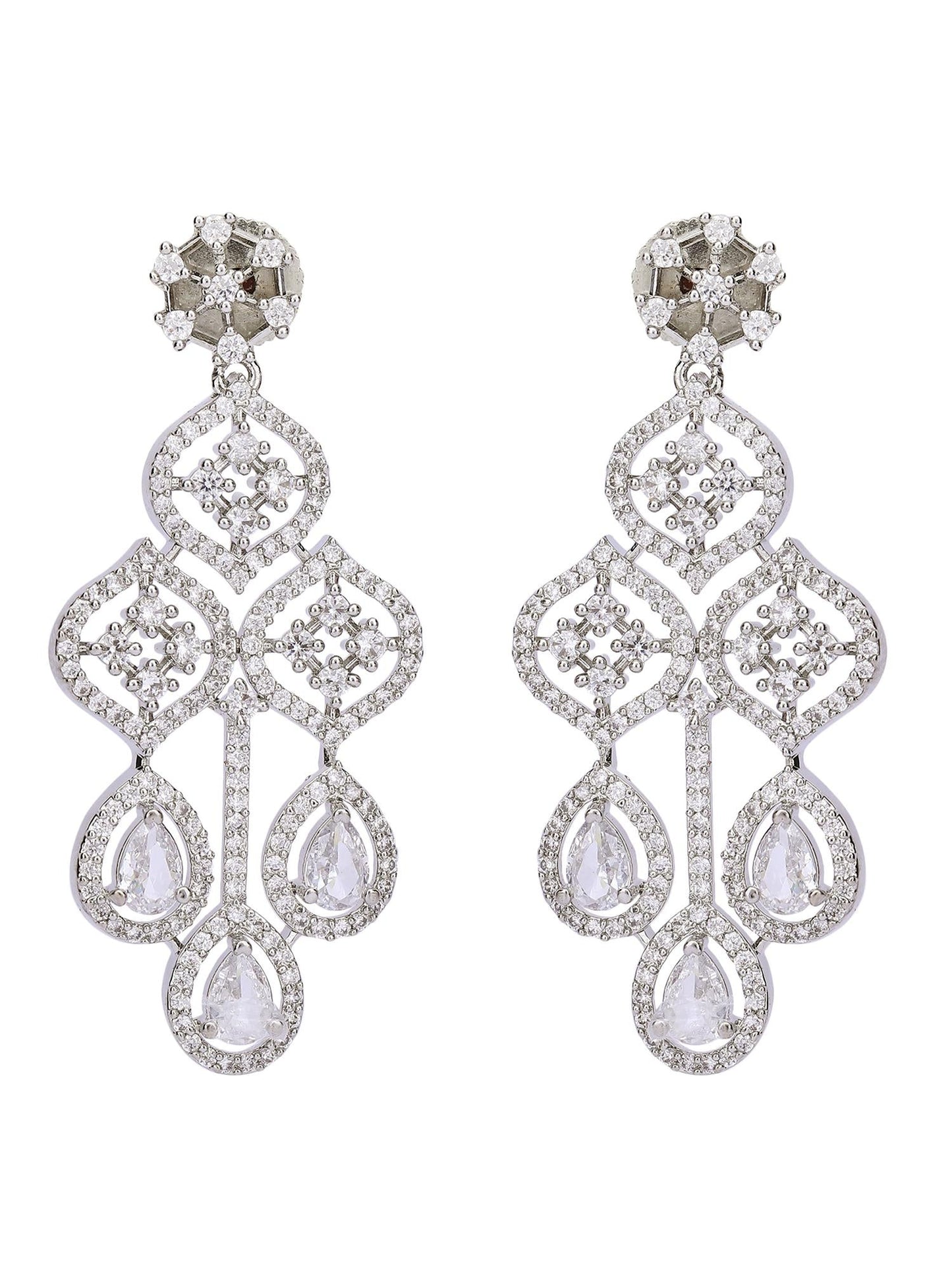 Dazzling Rhodium Plated American Diamond Necklace Set - Auraa Trends - Dazzling Rhodium Plated American Diamond earrings set