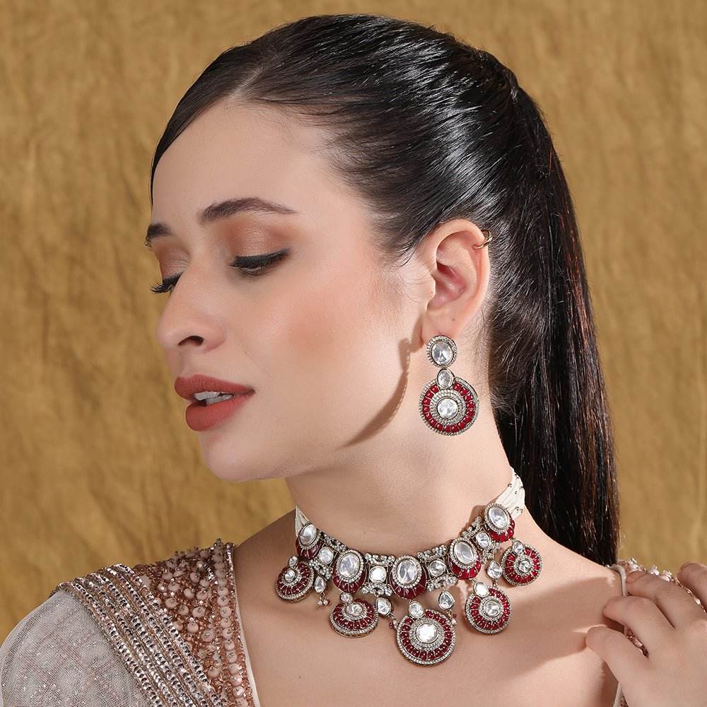 Dazzling Stones Bridal Choker Necklace Earring Set For Women - Auraa Trends