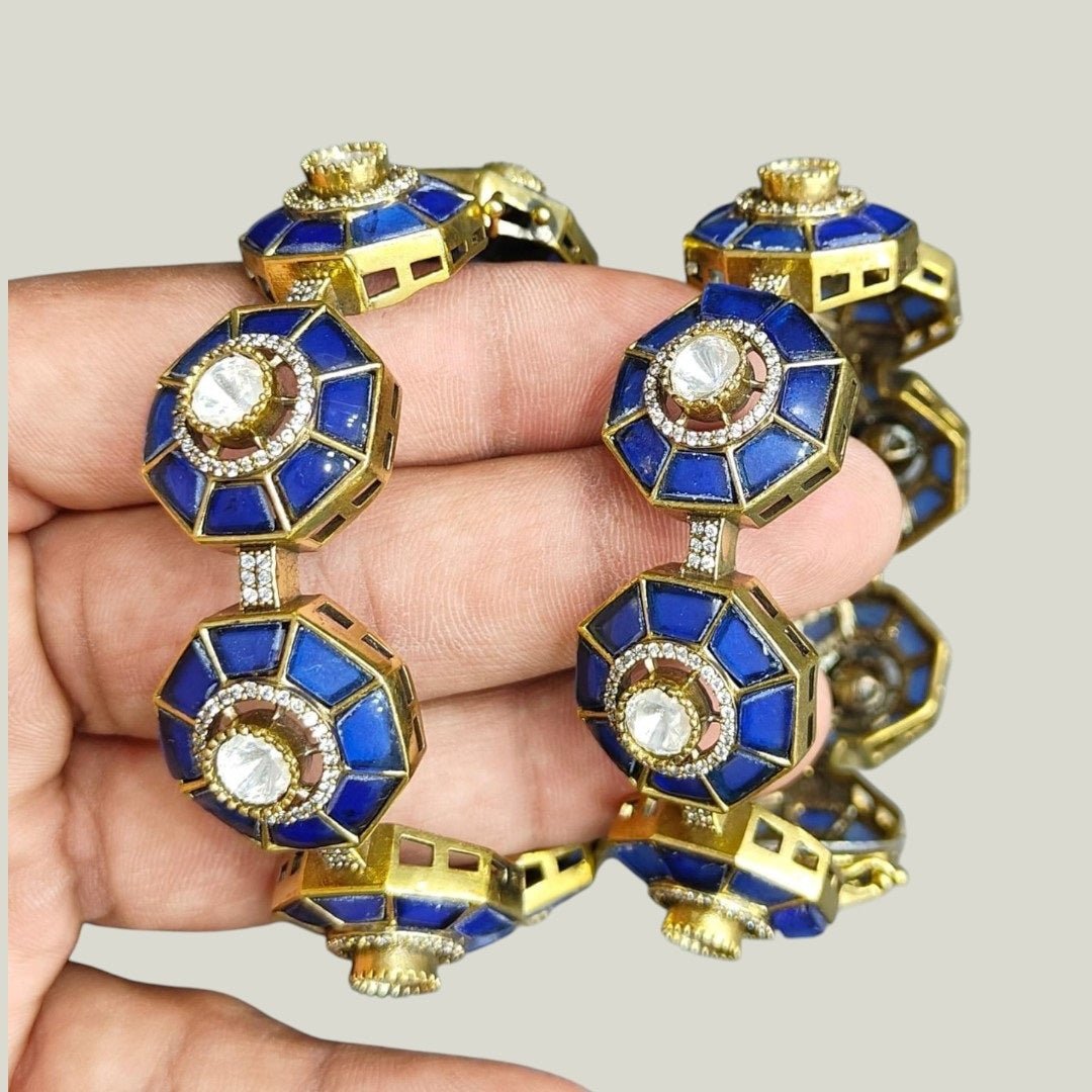 Designer Blue Octagon Bangles with Kundan Stones & Gold - Plated Finish for Women - Auraa Trends - Bangles - - Auraa Trends - Gold - plated royal blue octagon bangles with kundan stones – festive & bridal jewelry for women
