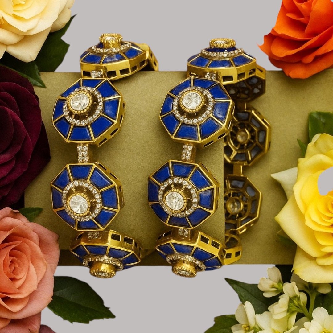 Designer Blue Octagon Bangles with Kundan Stones & Gold - Plated Finish for Women - Auraa Trends - Bangles - - Auraa Trends - Designer Blue Octagon Bangles with Kundan Stones & Gold - Plated Finish for Women