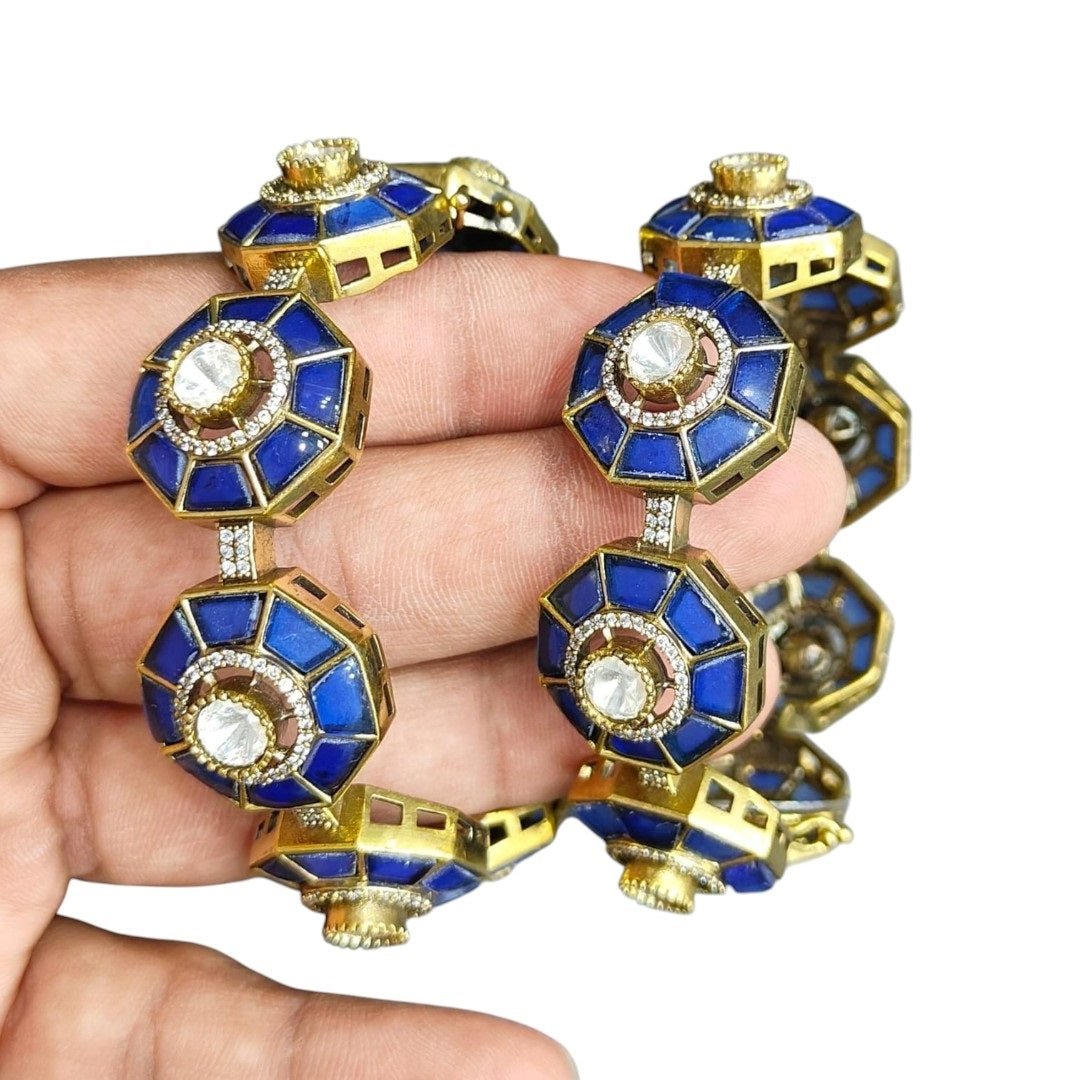 Designer Blue Octagon Bangles with Kundan Stones & Gold - Plated Finish for Women - Auraa Trends - Bangles - - Auraa Trends - Gold - plated royal blue octagon bangles with kundan stones – festive & bridal jewelry for women