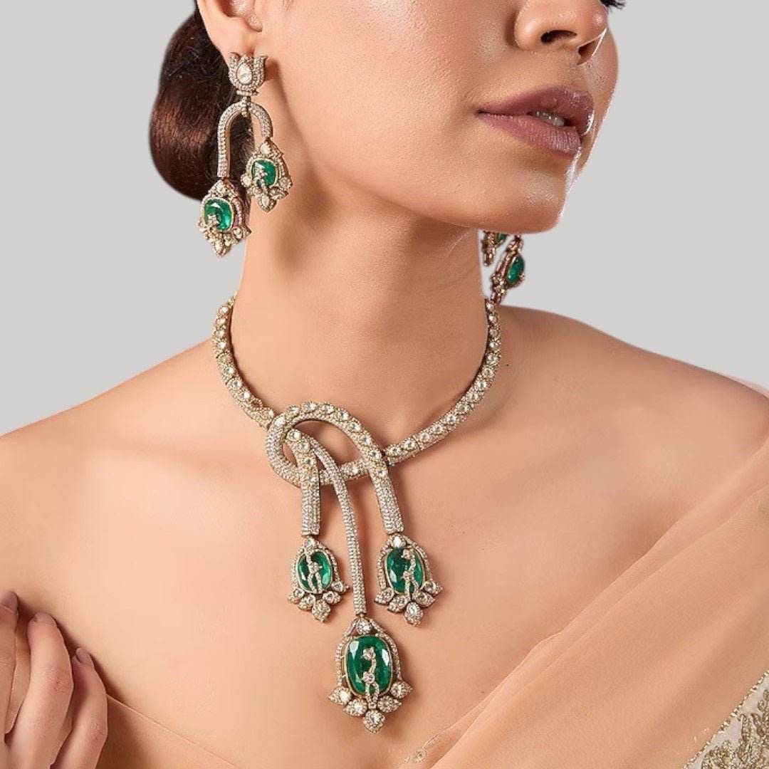 Designer Emerald Green Enamel & CZ Statement Choker Necklace Set with Long Dangler Earrings - Auraa Trends