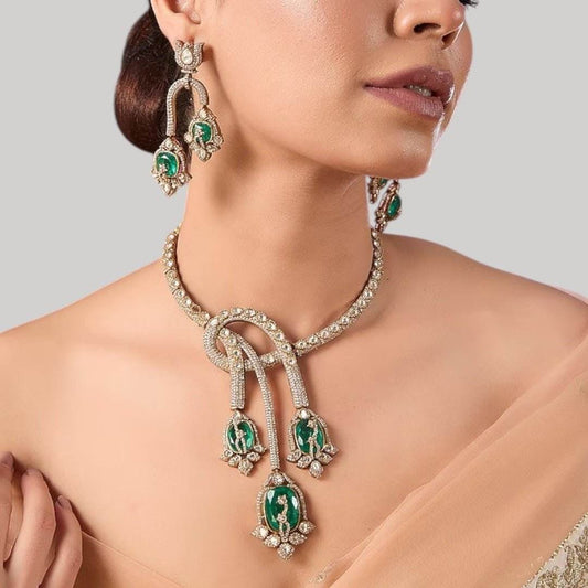 Designer Emerald Green Enamel & CZ Statement Choker Necklace Set with Long Dangler Earrings - Auraa Trends