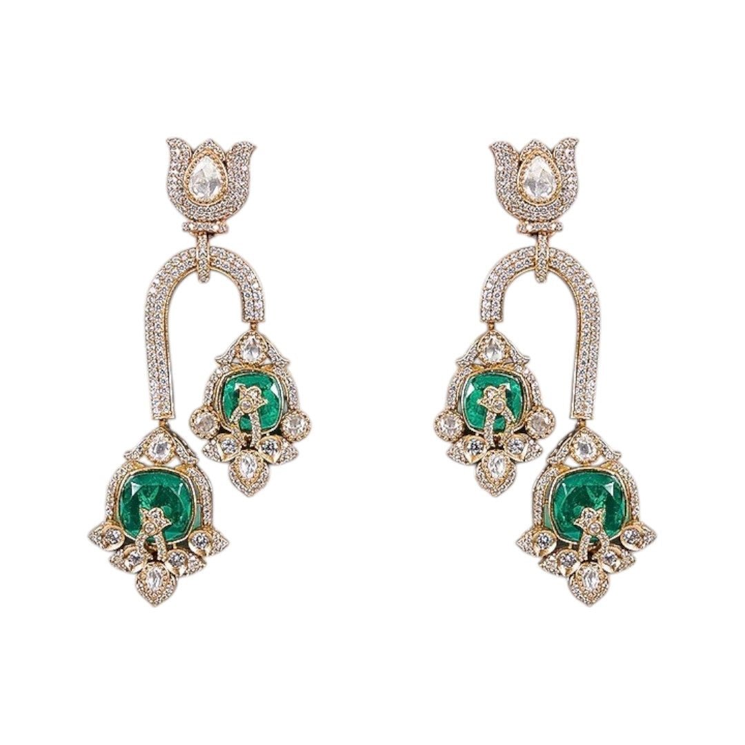Designer Emerald Green Enamel & CZ Statement Choker Necklace Set with Long Dangler Earrings - Auraa Trends - Necklace Set - - Auraa Trends - "Elegant gold - plated choker necklace set with green enamel motif stones and long dangler earrings – handcrafted Indian bridal and festive jewelry"