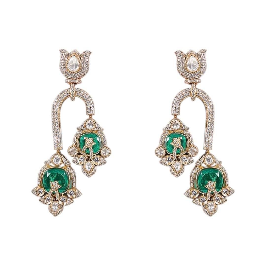 Designer Emerald Green Enamel & CZ Statement Choker Necklace Set with Long Dangler Earrings - Auraa Trends