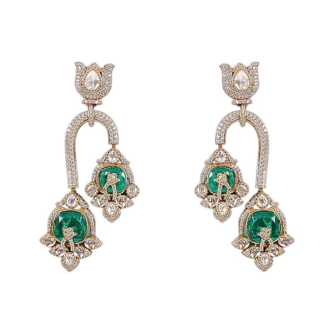 Designer Emerald Green Enamel & CZ Statement Choker Necklace Set with Long Dangler Earrings - Auraa Trends