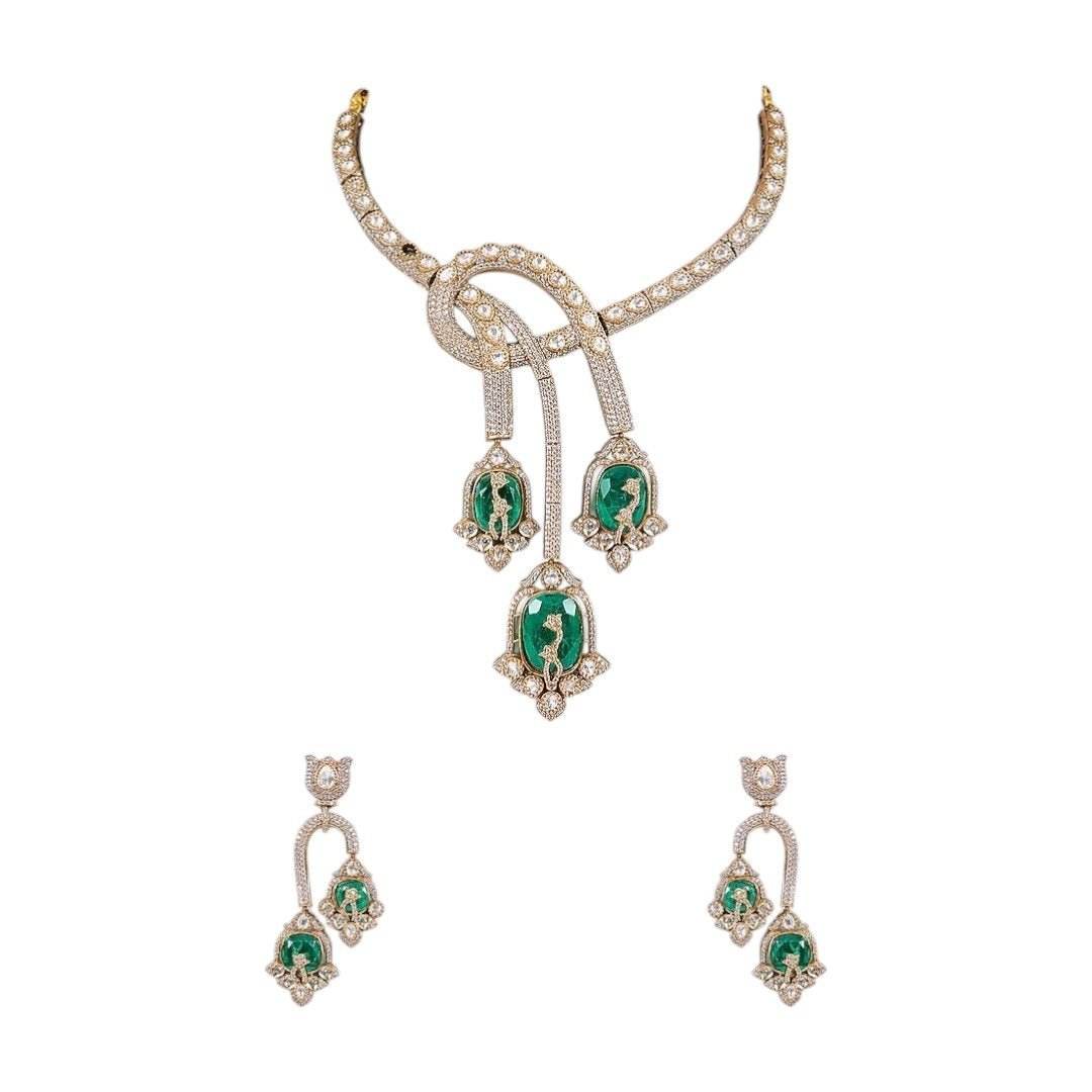 Designer Emerald Green Enamel & CZ Statement Choker Necklace Set with Long Dangler Earrings - Auraa Trends