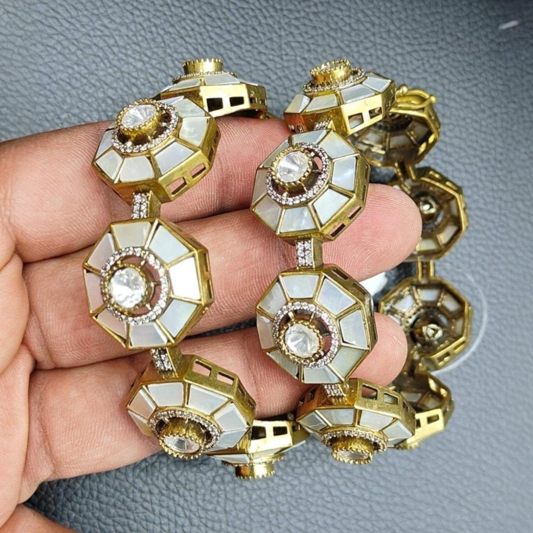 Designer Gold - Plated Octagon Bangles with Mother of Pearl & Kundan Stones for Women - Auraa Trends - Bangles - - Auraa Trends - Designer Gold - Plated Octagon Bangles with Mother of Pearl & Kundan Stones for Women