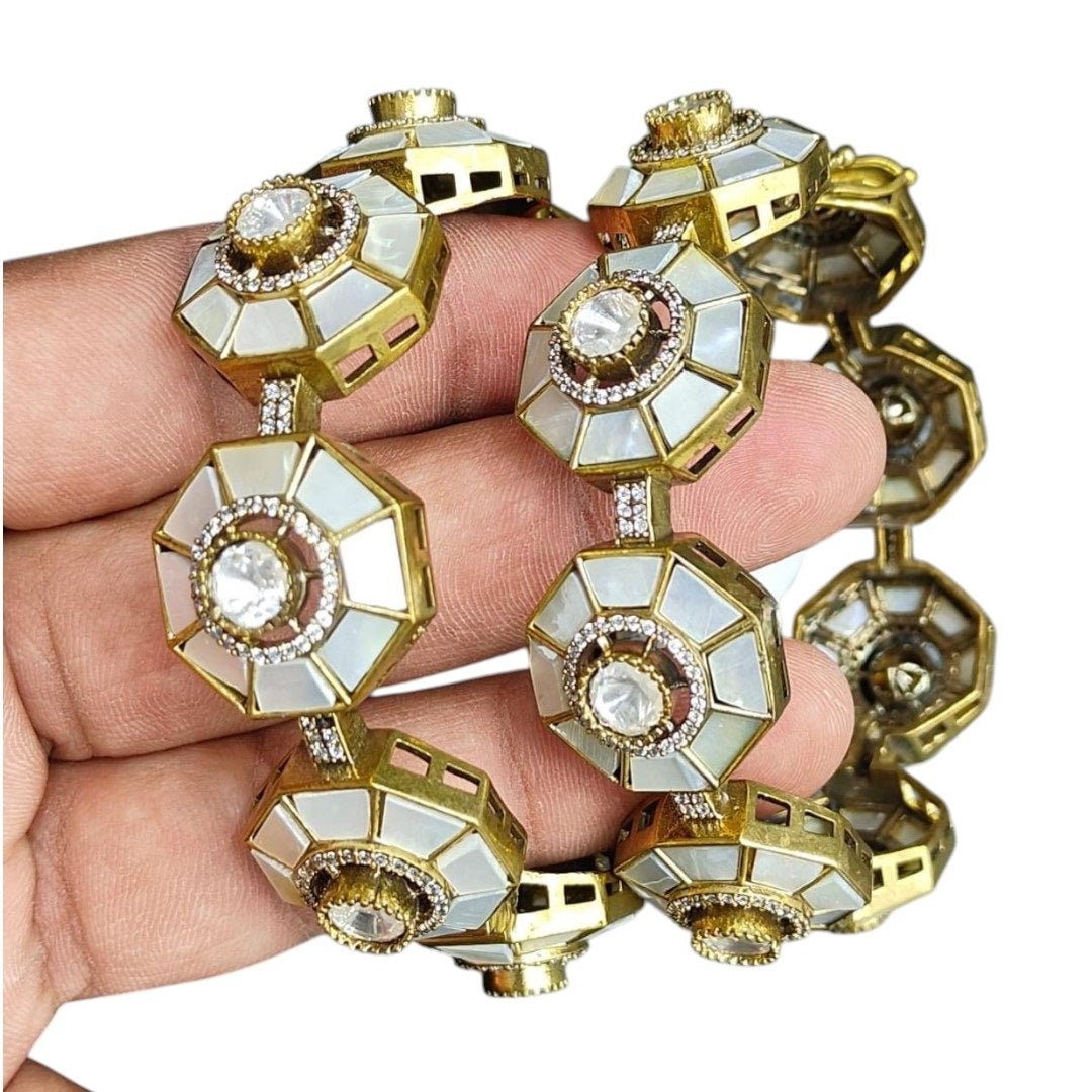 Designer Gold - Plated Octagon Bangles with Mother of Pearl & Kundan Stones for Women - Auraa Trends - Bangles - - Auraa Trends - Designer Gold - Plated Octagon Bangles with Mother of Pearl & Kundan Stones for Women