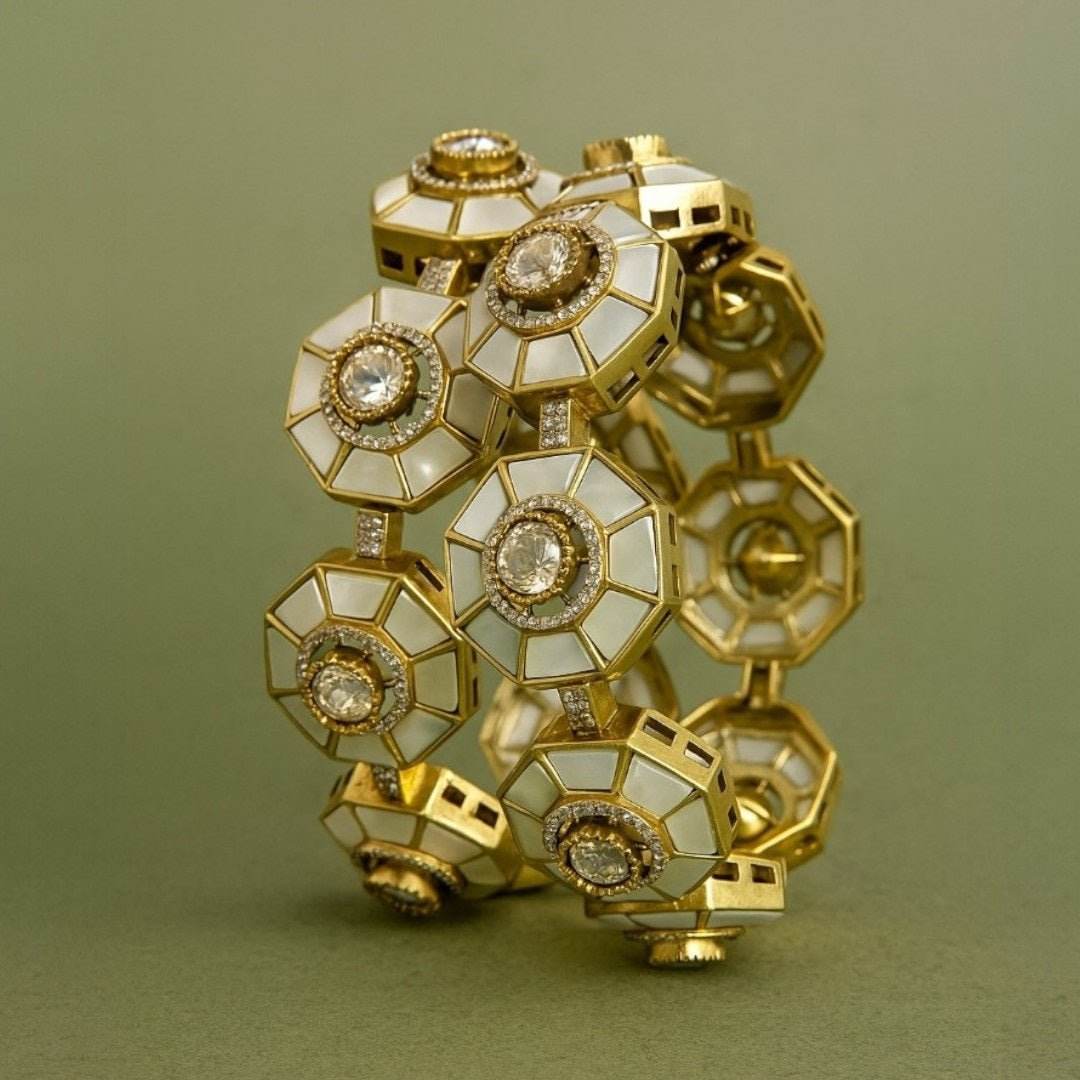 Designer Gold-Plated Octagon Bangles with Mother of Pearl & Kundan Stones for Women - Auraa Trends