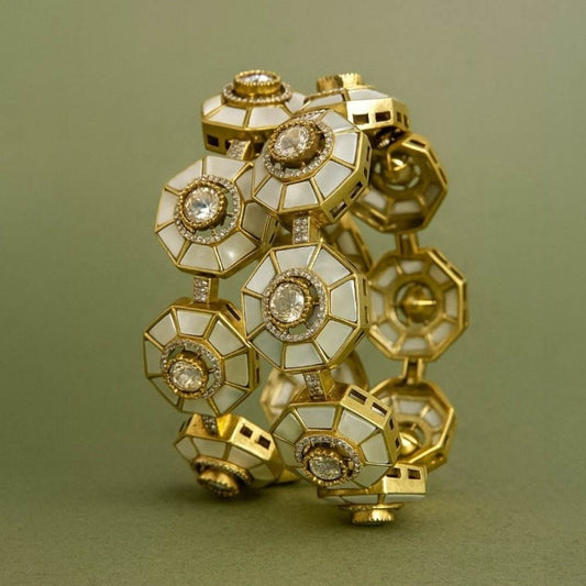 Designer Gold-Plated Octagon Bangles with Mother of Pearl & Kundan Stones for Women - Auraa Trends