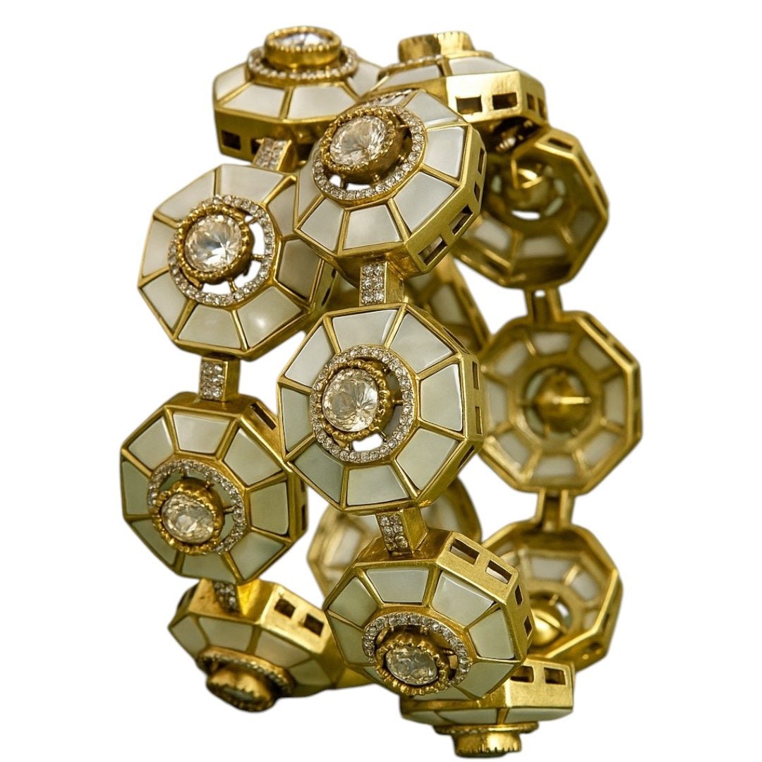 Designer Gold - Plated Octagon Bangles with Mother of Pearl & Kundan Stones for Women - Auraa Trends - Bangles - - Auraa Trends - Designer Gold - Plated Octagon Bangles with Mother of Pearl & Kundan Stones for Women