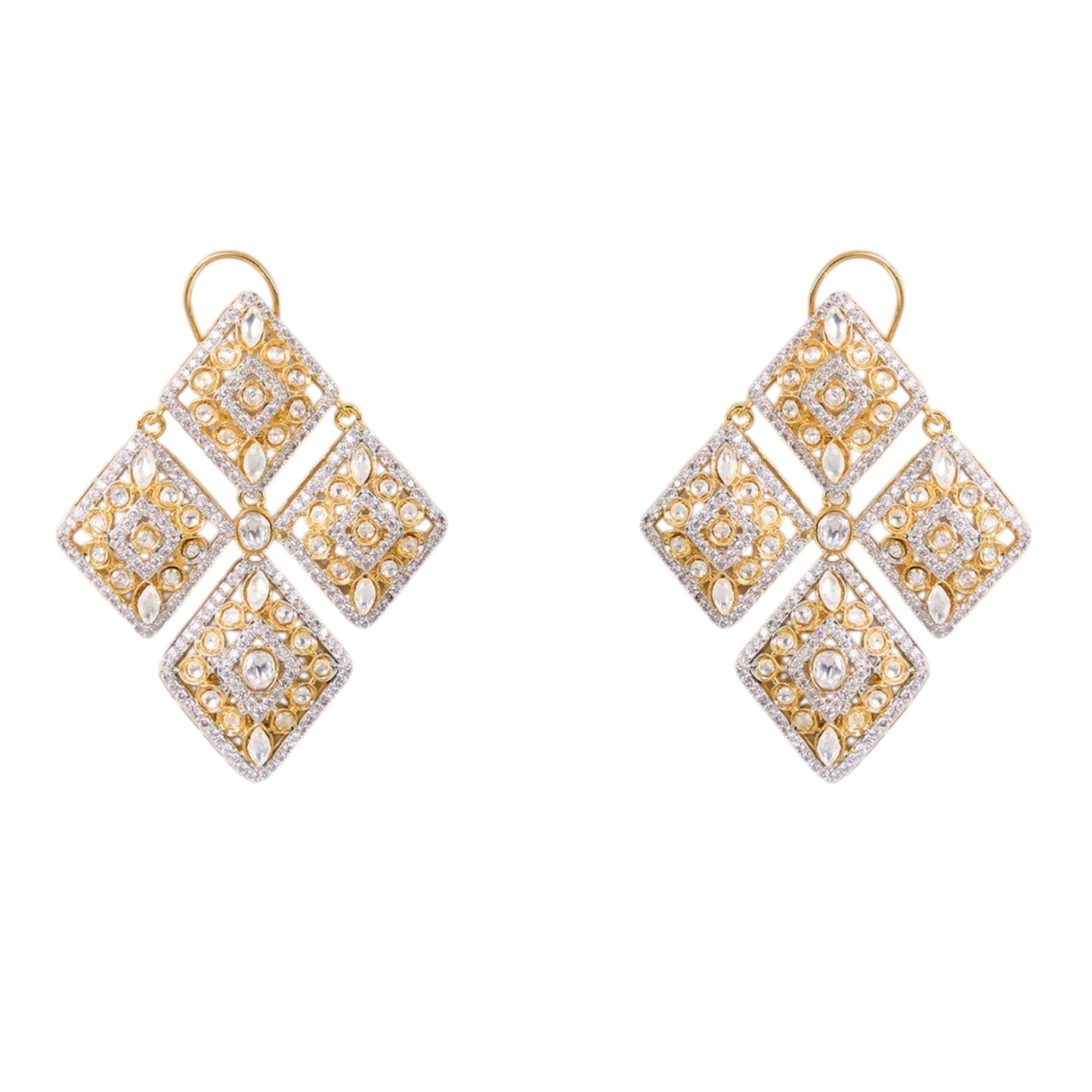 Designer Gold - Toned & White Kundan Studded Square Drop Earrings for Women - Auraa Trends - Earrings - - Auraa Trends - "Gold - toned Kundan studded square drop earrings with multi - stone detailing, traditional Indian ethnic jewelry for women."