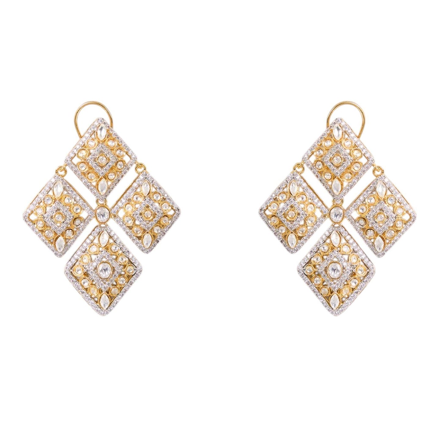 Designer Gold-Toned & White Kundan Studded Square Drop Earrings for Women - Auraa Trends