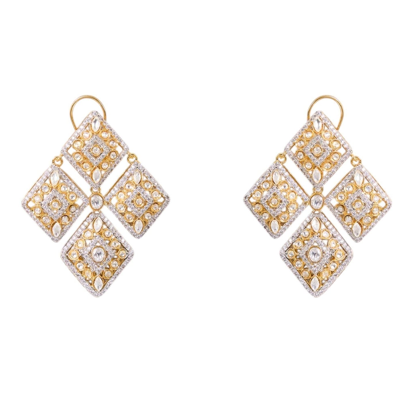 Designer Gold-Toned & White Kundan Studded Square Drop Earrings for Women - Auraa Trends