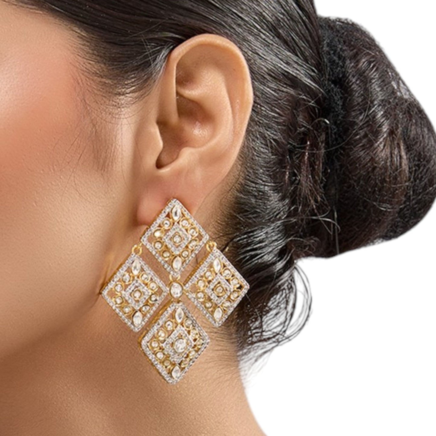 Designer Gold - Toned & White Kundan Studded Square Drop Earrings for Women - Auraa Trends - Earrings - - Auraa Trends - "Gold - toned Kundan studded square drop earrings with multi - stone detailing, traditional Indian ethnic jewelry for women."