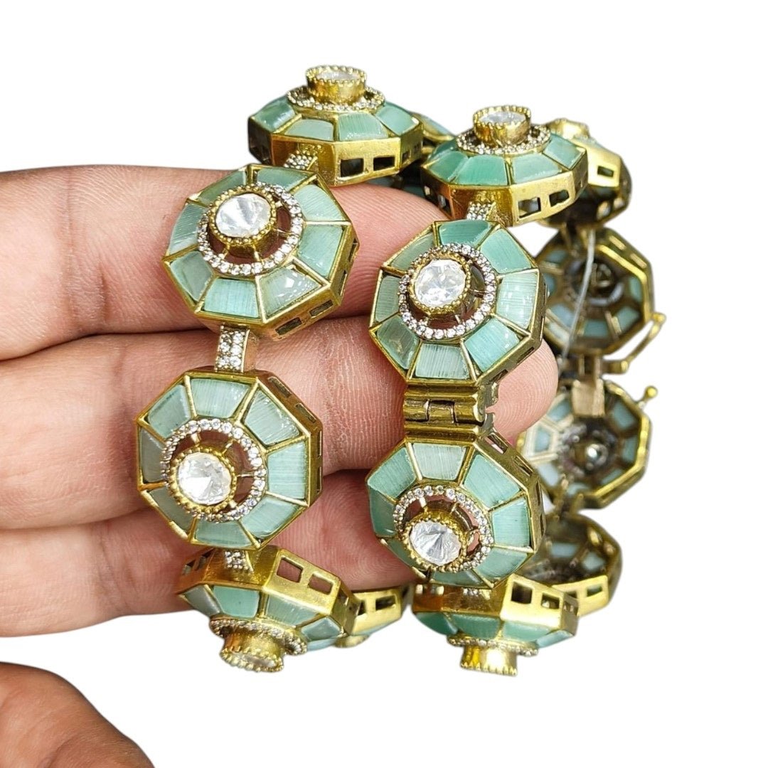 Designer Green Octagon Bangles with Kundan Stones & Gold - Plated Finish for Women - Auraa Trends - Bangles - - Auraa Trends - Gold - plated green octagon bangles with kundan stones โ stylish festive & bridal jewelry for women