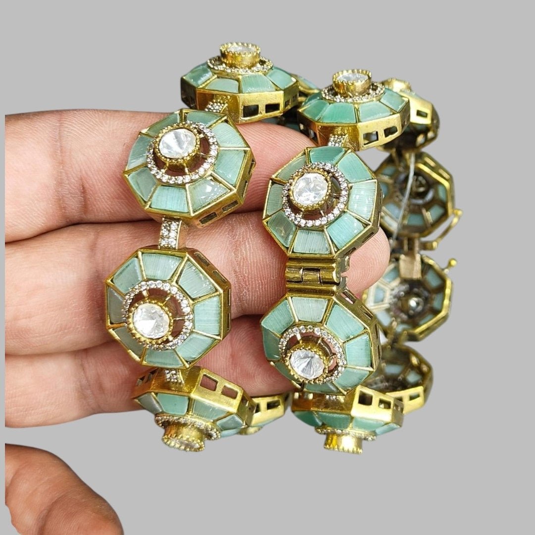 Designer Green Octagon Bangles with Kundan Stones & Gold - Plated Finish for Women - Auraa Trends - Bangles - - Auraa Trends - Designer Green Octagon Bangles with Kundan Stones & Gold - Plated Finish for Women