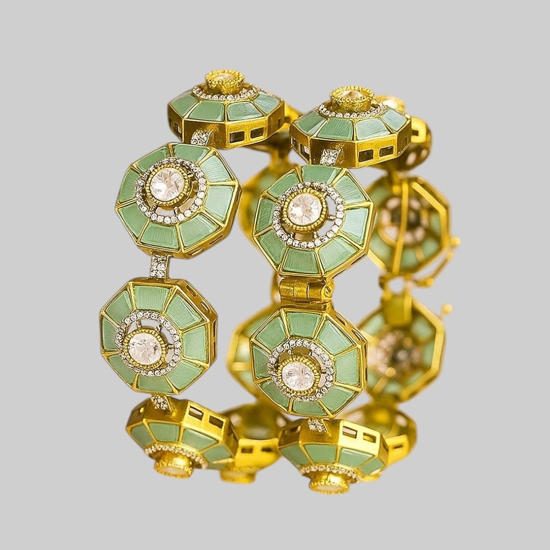 Designer Green Octagon Bangles with Kundan Stones & Gold - Plated Finish for Women - Auraa Trends - Bangles - - Auraa Trends - Gold - plated green octagon bangles with kundan stones โ stylish festive & bridal jewelry for women