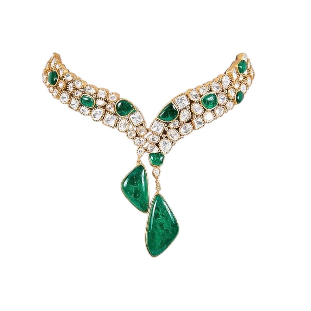 Designer Green Stone & Pearl Studded Choker Necklace Set with Drop Earrings for Women - Auraa Trends - Necklace Set - - Auraa Trends - "Traditional gold - plated choker necklace set with green tear - drop stones and pearl detailing, paired with matching earrings – perfect for weddings and festive wear"